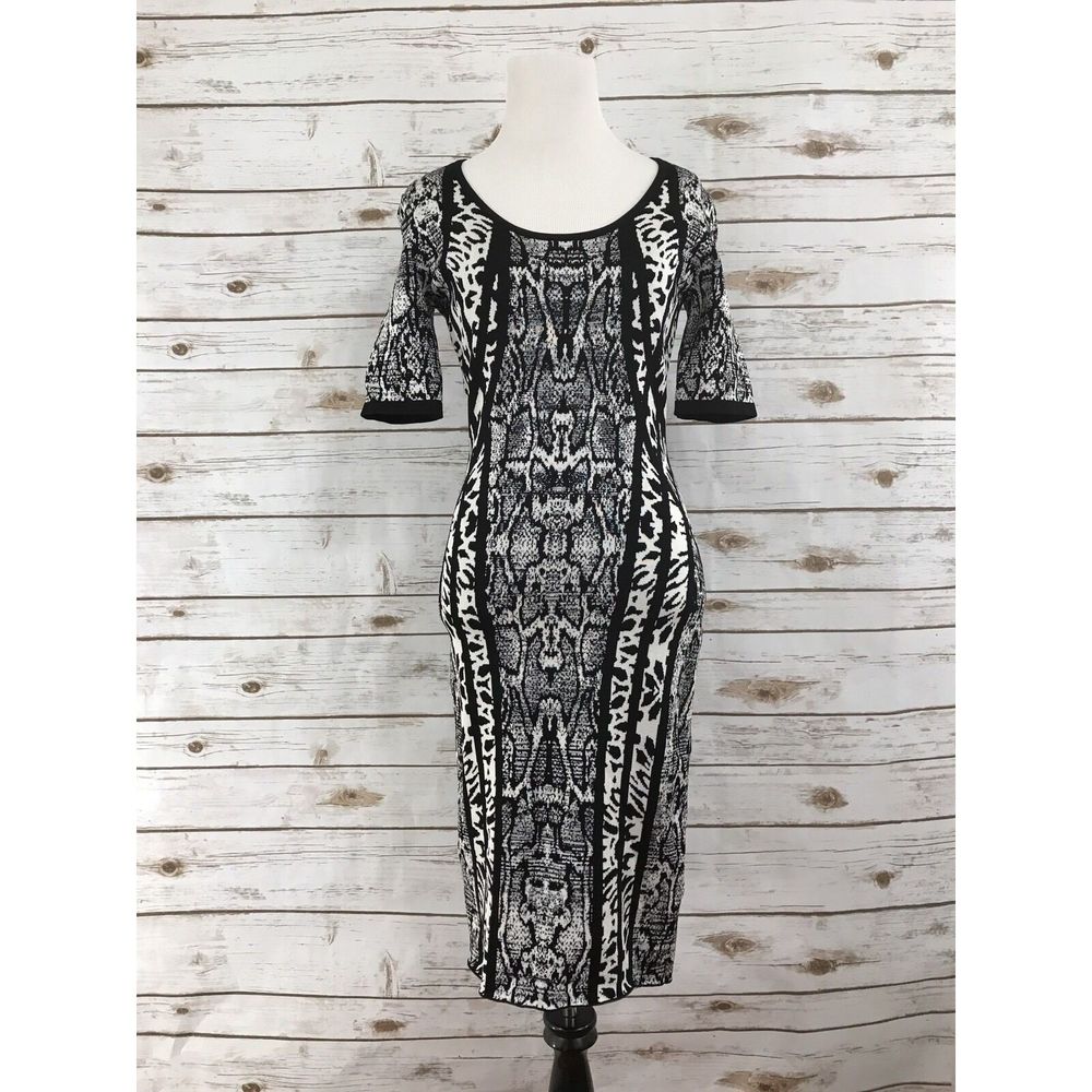 LAUNDRY BY SHELLI SEGAL Black White‎ Scoop Neck Bodycon Dress Sz XS Animal Print